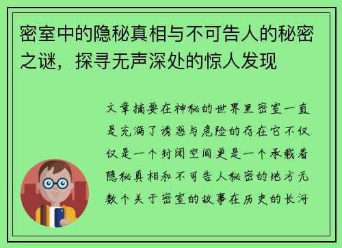 密室中的隐秘真相与不可告人的秘密之谜，探寻无声深处的惊人发现